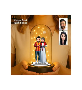 Kişiye Özel Sarı Kırmızı Taraftar Çift Fanus  Karikatür Figürlü Işıklı Biblo