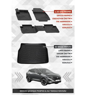 Sahler Qashqai 2022+ Benzinli Uyumlu 4.5D Premium Havuzlu Oto Paspas ve Liner Marka 3D ALT Bagaj Havuzu