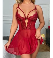 Kadın Şarap Rengi Dantelli Transparan Mini Gecelik/Babydoll-1023 (Bordo)