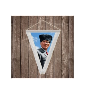 Kalpaklı Atatürk Portresi Beyaz Saçaklı Üçgen Flama Bayrak Hatıra Flama ATA81
