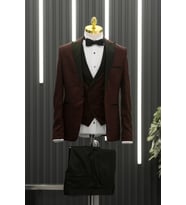 Slimfit (Skinny Kesim) Şal Desenli Sivri Sabit Yaka Yelekli Papyonlu Smokin Takım Elbise (Bordo)