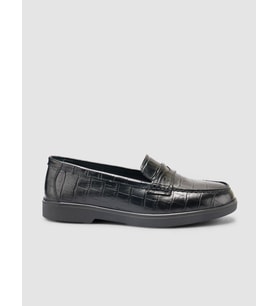 %100 Hakiki Deri Siyah Croco Desen Kadın Loafer