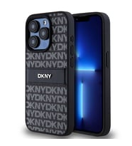 Apple iPhone 15 Pro Uyumlu Kılıf DKNY Orjinal Lisanslı 3D Yazılı Repeat Texture Pattern Kapak (Siyah)