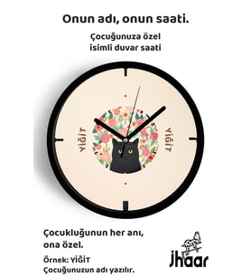 İsme Özel Kedi Çocuk Odası Duvar Saati Orta Boy 30 cm Siyah Camlı Sessiz