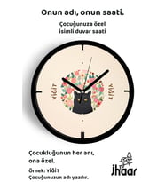 İsme Özel Kedi Çocuk Odası Duvar Saati Orta Boy 30 cm Siyah Camlı Sessiz
