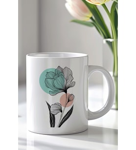 Minimal Çiçek Desenli 330ml Baskılı Beyaz Seramik Kupa Bardak