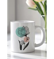 Minimal Çiçek Desenli 330ml Baskılı Beyaz Seramik Kupa Bardak
