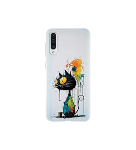 Samsung Galaxy A50 ile Uyumlu Splash Kedi Tasarımlı Şeffaf Silikon Kılıf
