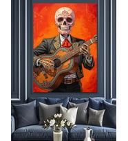Gitar Çalan İskelet Mariachi Dekoratif Kanvas - Mdf Ahşap Tablo