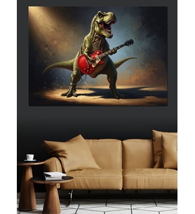 Gitar Çalan Rockçı Dinazor Figürü Dekoratif Kanvas - Mdf Ahşap Tablo