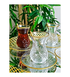 Şık Gold Desen Kesme Kristal Çay Bardağı Seti 18 Parça, 6 Kişilik