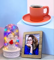 Kahve Fincanı, Fotoğraf ve Renkli Led Işıklı Beyaz Melekli Fanus Hediye Seti