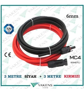Mc4 Soketli (3m+3m) 6 Metre 6mm Güneş Paneli Hazır Solar Kablo Siyah Kırmızı