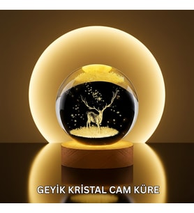 Doğal Ahşap Standlı Geyik Figürlü Kristal Küre LED Dekoratif Lamba