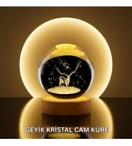 Doğal Ahşap Standlı Geyik Figürlü Kristal Küre LED Dekoratif Lamba