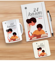 BK Gift Kişiye Özel İsimli Öğretmenler Günü Tasarımlı Beyaz Defter, Tükenmez Kalem, Kupa ve Bardak Altlığı Hediye Seti- 3, Öğretmene Hediye, Öğretmenler Günü