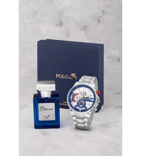 Polo Air Spor Kasa Erkek Kol Saati Ve 55 ml Parfüm Seti Gümüş Lacivert Kırmızı Renk ST-5028E2