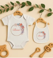 Pia Baby Premium %100 Pamuk İsme Özel Organik Baskılı Çıtçıtlı Bebek Body Ve Önlük 5031-20 (Ekru)