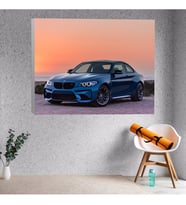Gün Batımı Manzaralı Bmw Mavi Renkli Araba Dekoratif Kanvas Tablo
