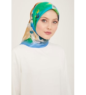 Armine Mavi Batik Çiçek Desenli Sura İpek Eşarp 9103 - 83