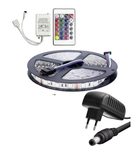 5 Metre 12V 60 Ledli RGB İç Mekan Şerit Led 3A Plastik Adaptör 24 Tuşlu IR Led Kontrol Üniteli Set