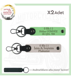 Hız Severlere Özel, İsim Plaka ve 0 Rh (-) Kan Grubu Yazılı Deri x2 Anahtarlık, Pudra-F Yeşil-Laci (Çok Renkli)