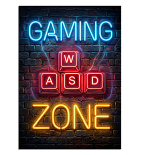 Duvar Üzerinde Neon Gaming Zone Dekoratif Kanvas - Mdf Ahşap Tablo