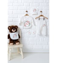 Pia Baby Premium %100 Pamuk 5’li Zıbın Set  İsme Özel Hastane Çıkışı Yenidoğan Bebek Hediyesi 5013-08 (Ekru)