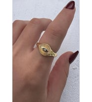 Vintage Tasarım Zirkon Taşlı Oval Göz Motifli Ayarlanabilir Çelik Kadın Serçe Parmak Yüzük