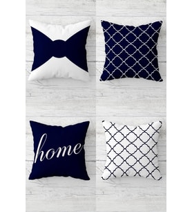 Fiyonk Ve Home Yazılı Karo Desenli Gizli Fermuarlı Kırlent Kılıfı Koltuk Yastık Kılıfı Takım(4adet) (Koyu Mavi)