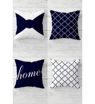 Fiyonk Ve Home Yazılı Karo Desenli Gizli Fermuarlı Kırlent Kılıfı Koltuk Yastık Kılıfı Takım(4adet) (Koyu Mavi)