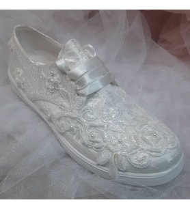 Berush Bride 901 Serisi  Dolgu Topuk Fransız Dantel Gelinlik Ayakkabısı (Sedef)