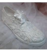Berush Bride 901 Serisi  Dolgu Topuk Fransız Dantel Gelinlik Ayakkabısı (Sedef)