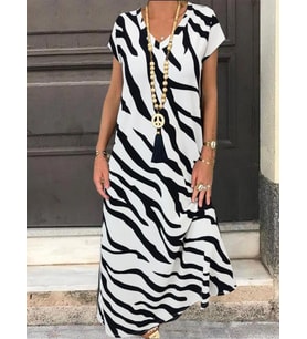 Kadın Kısa Kollu V Yaka Tam Boy Zebra Desen örme Krep Kumaş Elbise
