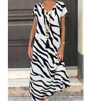 Kadın Kısa Kollu V Yaka Tam Boy Zebra Desen örme Krep Kumaş Elbise