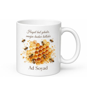 Bal Peteği Temalı Baskılı Kupa Bardak Özel Tasarım Hediye Porselen Mug
