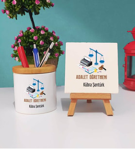 Adalet Öğretmeni Tasarımlı Kişiye Özel Hediye Adalet Öğretmeni Kalemlik ve Dekoratif Taş Baskı Hediye Seti