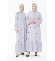 Düğmeli Taşlı Gri Ferace 3007-1 (Pudra)