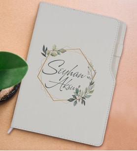 BK Gift Kişiye Özel Çiçek Tasarımlı Beyaz Termo Deri Not Defteri 15x21cm-11