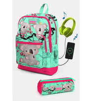 Coral High Kids Su Yeşili Neon Mercan Koala Desenli USB'li 2'li Okul Çanta Seti - Kız Çocuk