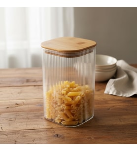 10x20 cm Bambu Kapaklı Kare Cam Saklama Kavanozu - Vakumlu Ekstra Uzun Boy Şeffaf Erzak Kabı Spagetti Makarna Bakliyat Kutusu ve Mutfak Düzenleyici Organizatör