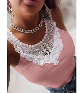 Kadın Kolsuz Dantel Yaka Kaşkorse Bluz (Pembe)
