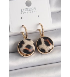 Pirinç Gold Renk Leopar Desenli Daire Model Kadın Küpe - TJ-BKP9878