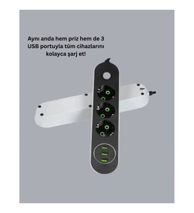 3 USB Portlu Anahtarlı Üçlü Priz Hızlı Şarj Özellikli 2 Metre Kablolu