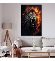 Tekli Dikey Kanvas Duvar Tablosu Alevli Kükreyen Aslan