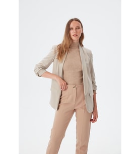 Kadın Camel Pensli Paça Yırtmaçlı Pantolon