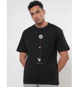 Erkek Baskılı T-Shirt Kısa Kol Bisiklet Yaka Regular Fit Rahat Kalıp Tişört - Siyah