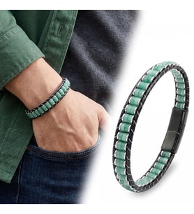 Moncuk Design Yeşil Aventurin Hematit Çelik Örgülü Deri Bileklik 33512B22D5