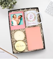 Kişiye Özel Baskılı Kupa & Gold Metal Kutulu Mum & Pembe İnstagram Çerçeve & Pembe Renk Dikişli Mini Not Defteri Hediye Seti