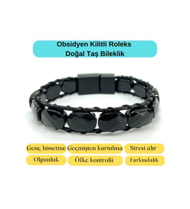 Sertifikalı Obsidyen Kilit Kapama Roleks Doğal Taş Deri Bileklik